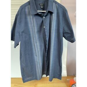 Van Heusen XL Button Up Shirt Blue Stripe Linen Blend Short Sleeve Casual Top